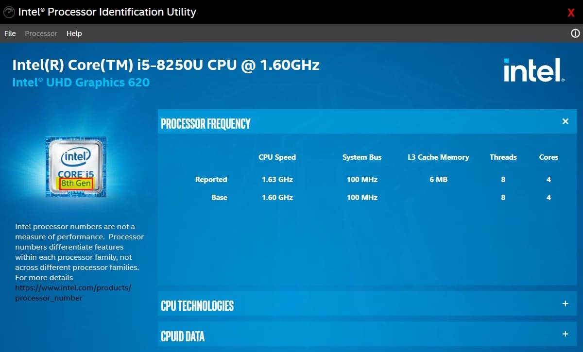 intel processor identification utility, highlighted text is your CPU generation
