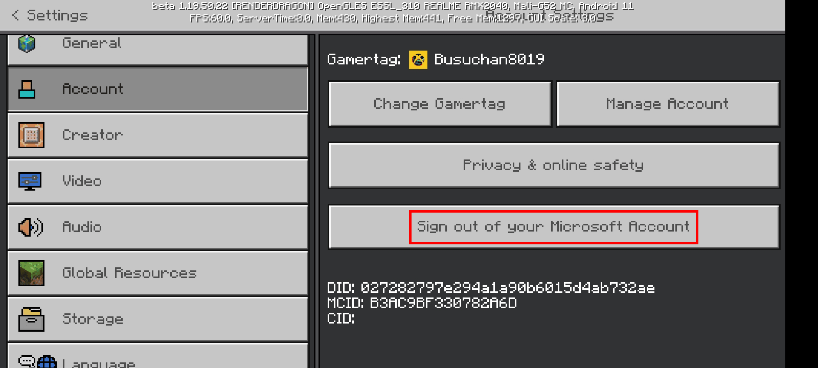 In the Account menu, tap on Sign out of your Microsoft Account. | sign out of Minecraft PE