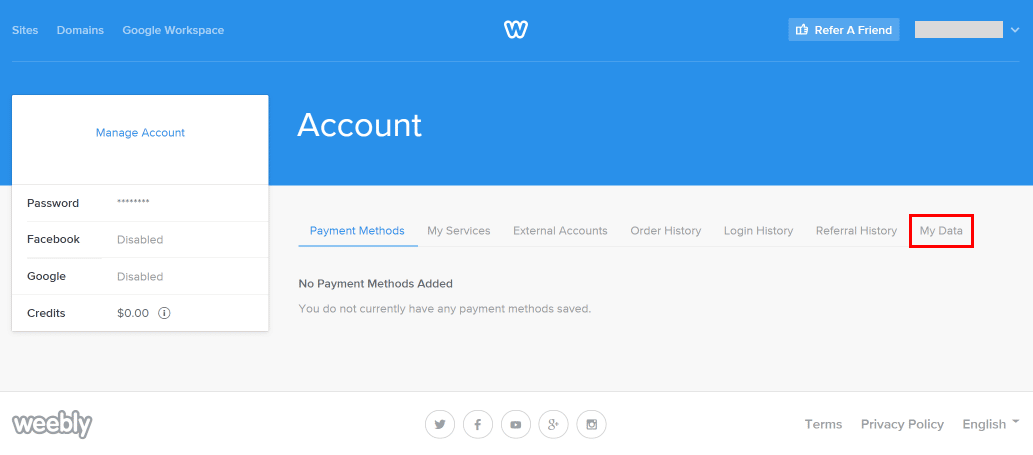 In the Account settings page click on My Data. | How to Delete Weebly Website