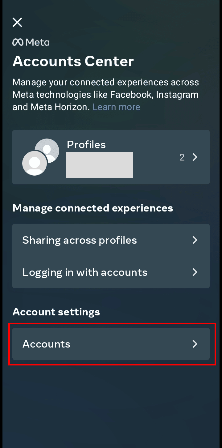 In the Accounts Center tap on the Accounts option. | How to Disconnect Your Facebook Account from Instagram