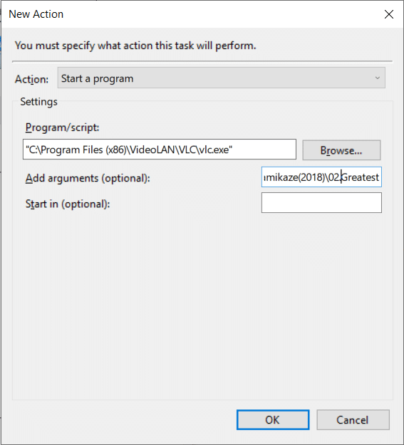 In the Add arguments (optional): textbox, type the address of the file to be played at the trigger time. Next you need to allow wake timers