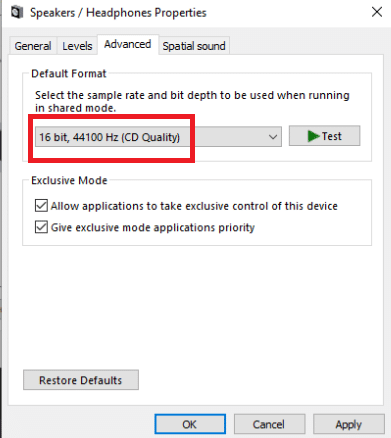 In the Advanced tab, set the audio quality to 16 bit, 44100 Hz CD Quality using the drop-down selection under Default Format