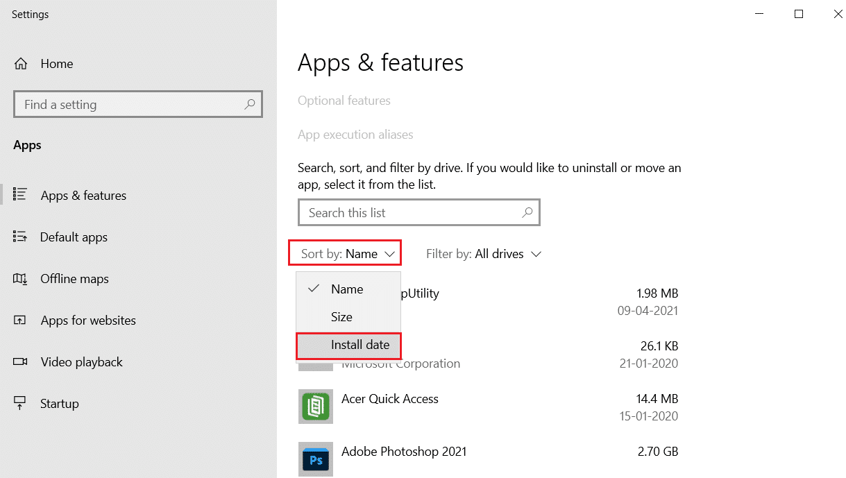in the apps and features window set Sort to Install date for the list of apps
