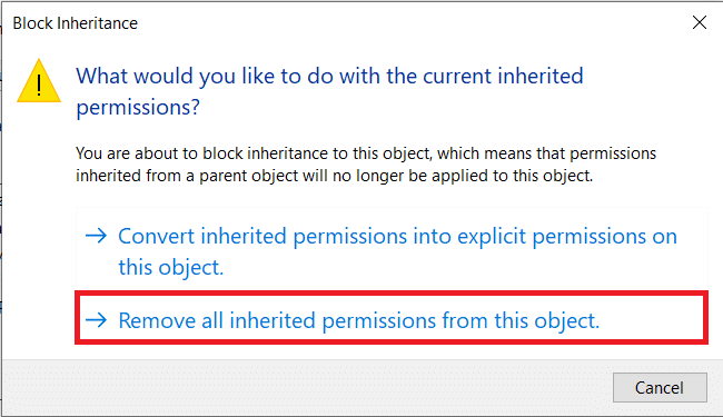 In the Block Inheritance pop up, choose Remove all inherited permissions from this object.