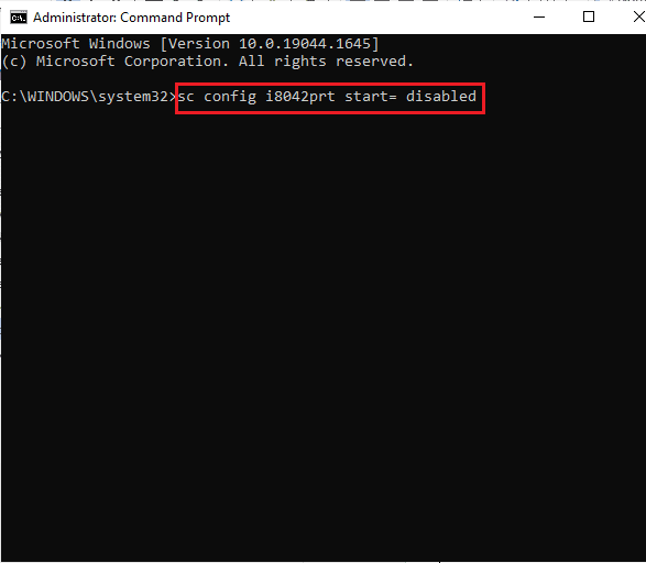 type the command sc config i8042prt start disabled as shown