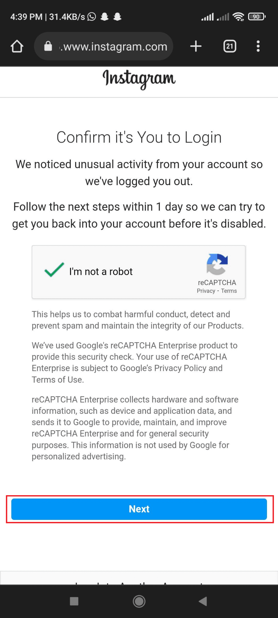 In the Confirm it’s You to Login tick the I’m not a robot. Then, Tap Next. | How to Fix User Not Found on Instagram