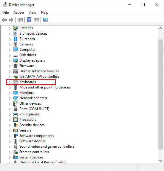 In the device manager locate the Keyboards option