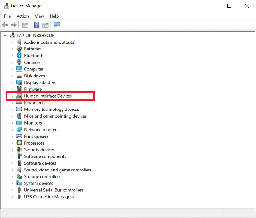 In the Device Manager window, locate and expand Human Interface Devices from the list.