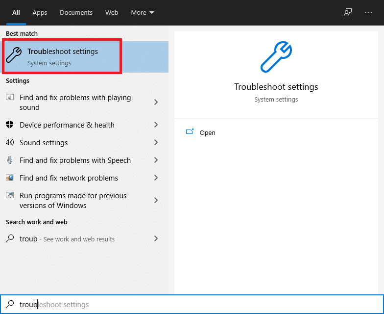In the dialogue box, type troubleshoot and click the first result that appears | Easily Fix Windows Update Error 80072ee2