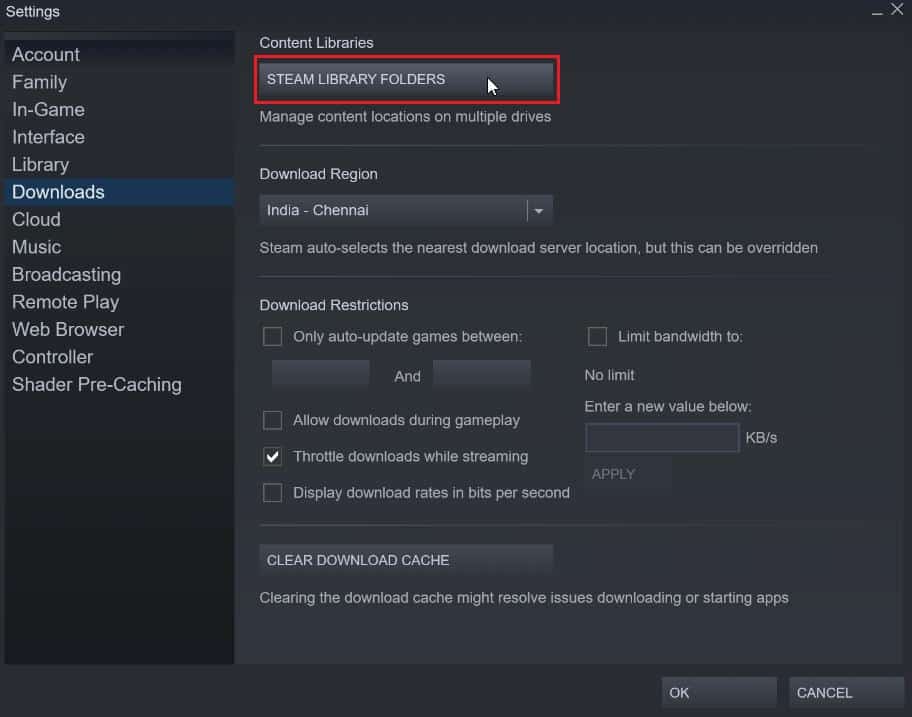 click on STEAM LIBRARY FOLDERS to open the storage manager. Fix Steam Error 53 in Windows 10