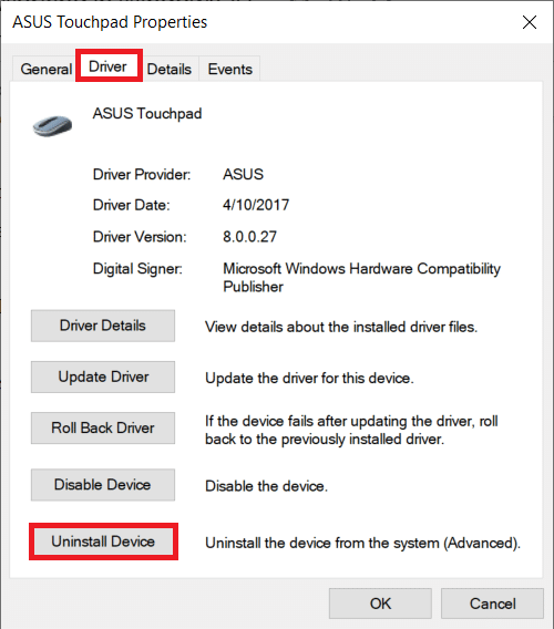 In the Driver tab, click Uninstall Device.