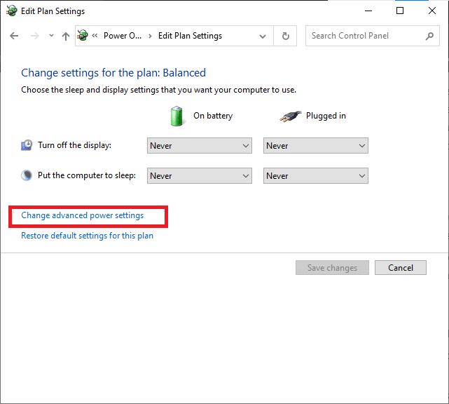 In the Edit Plan Settings window, click on Change advanced power settings