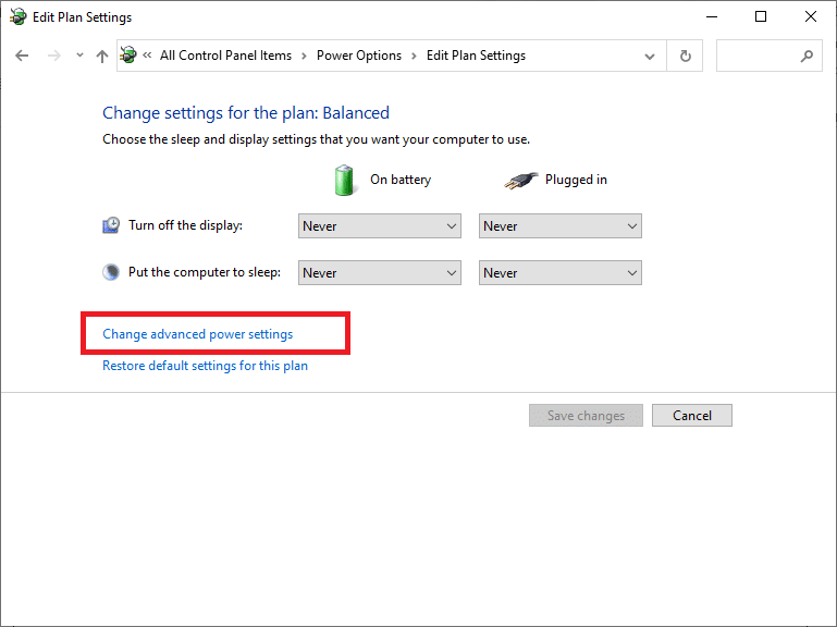 In the Edit Plan Settings window, click on Change advanced power settings 
