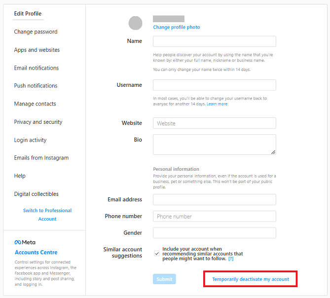 In the Edit Profile section, scroll down below to find the Temporarily deactivate my account option and click on it.