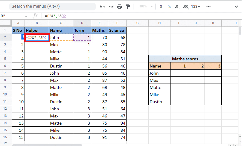 In the first cell of the helper column type the formula =C2&”,”&D2 to combine the cells | How to VLOOKUP Multiple Criteria and Columns in Google Sheets