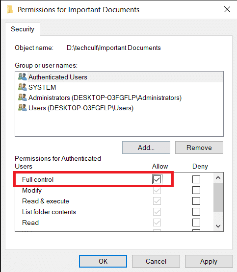 select Allow for Full control option