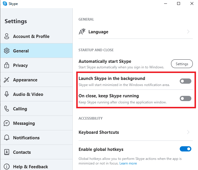 turn off the toggles for Launch Skype in background and on closing, keep Skype running