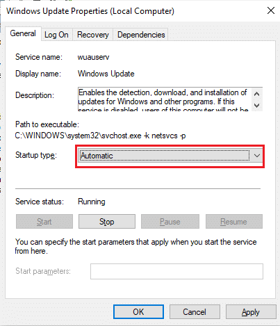 [全般] タブの [スタートアップの種類] ドロップダウンで [自動] を選択します。 Windows 0でエラー80070002x10を修正する方法
