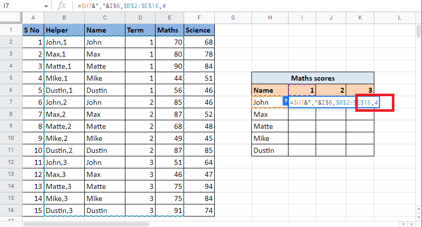 In the index argument, type the column number which gives you the target value. In this case, it is the 4th column. Type 4 in the index value | How to VLOOKUP Multiple Criteria and Columns in Google Sheets