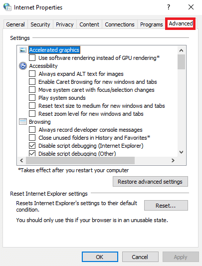 In the Internet Properties dialog box navigate to the Advanced tab. Fix Outlook Error 0x8004102a in Windows 10