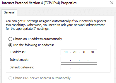 In the IPv4 Properties window checkmark Use the following IP address