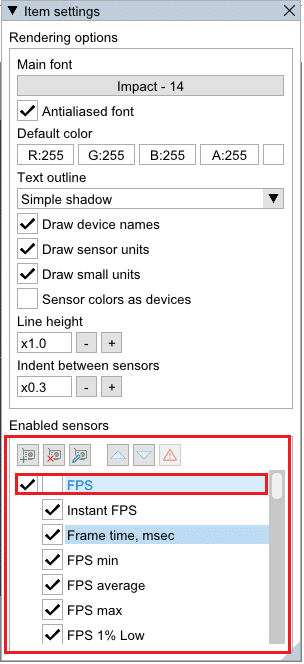В окне настроек элемента установите флажок «FPS» в разделе «Включенные датчики», чтобы включить FPS.