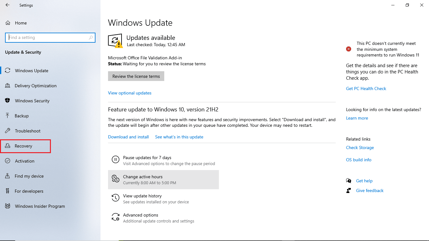 select Recovery. Fix Windows 10 An Attempt Was Made to Reference a Token