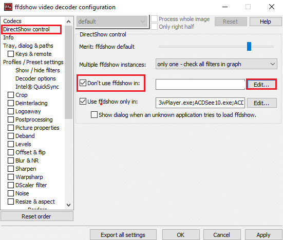 In the left pane, select the DirectShow control option 