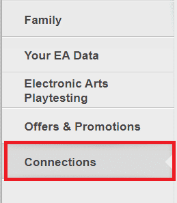 Scrollen Sie im linken Bereich nach unten und tippen Sie auf die Registerkarte Verbindungen | So trennen Sie das EA-Konto von der Xbox