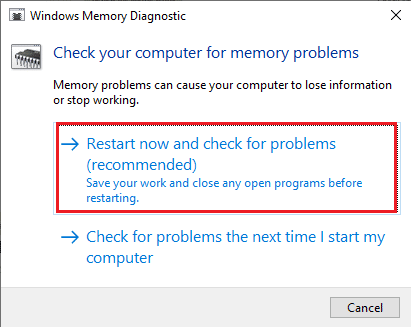 In the Memory Diagnostic Tool window click on Restart now and check for problems recommended option