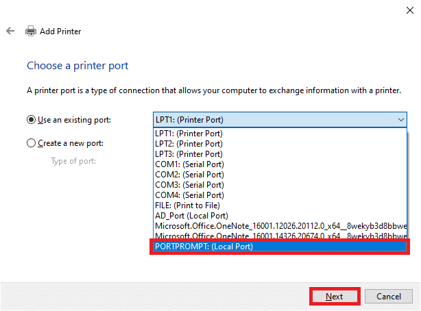 В следующем окне нажмите PORTPROMPT Local Port в раскрывающемся меню «Использовать существующий порт» и нажмите «Далее».