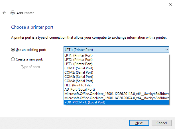 In the next window, click on PORTPROMPT Local Port in the drop down menu of Use an existing port and click on Next. Fix The Handle is Invalid Error in Windows 10