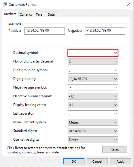 In the next window, navigate to the Decimal symbol field and ensure you have . from the available list