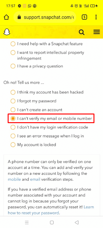 In the Oh no! Tell us more… pop-up menu, select the option I can’t verify my Email and phone number