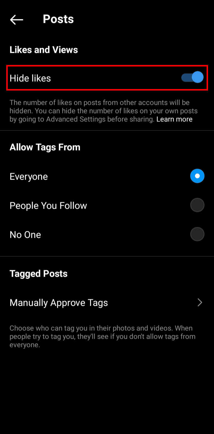 In the posts section tap on the Hide likes option to disable it, if already enabled | How to See Liked Posts on Instagram