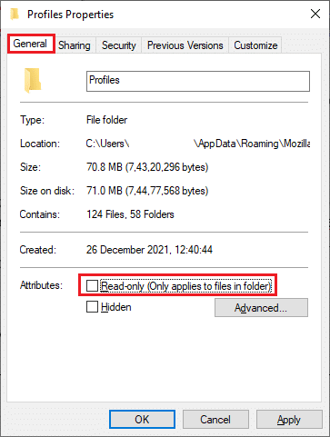 In the Profiles Properties window, stay in the General tab and uncheck the Read only Only applies to files in folder box 