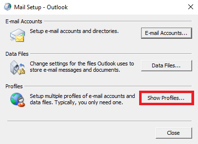 In the Profiles tab click on Show Profiles. Fix Outlook Error 0x8004102a in Windows 10