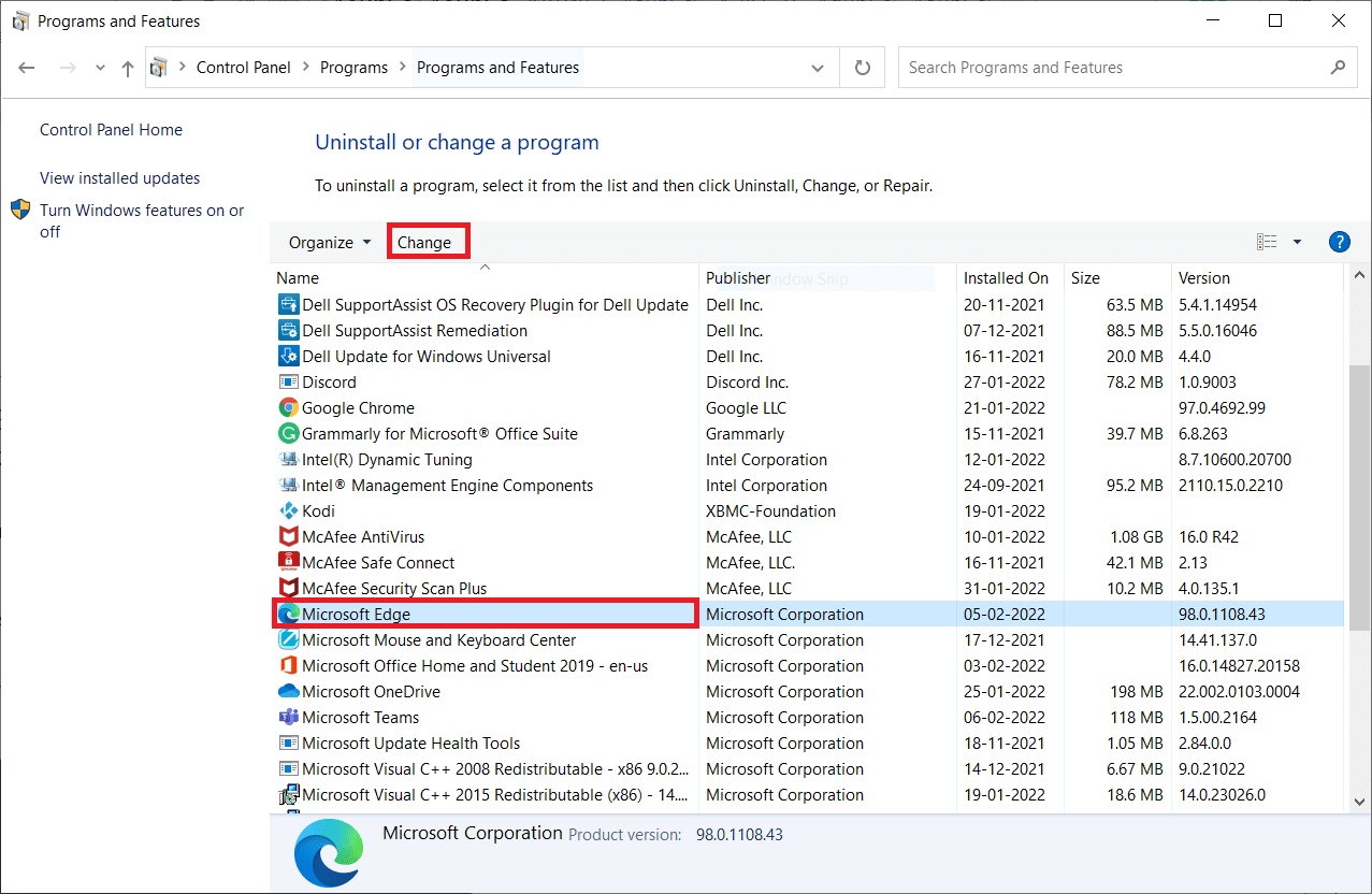 En la ventana Programas y características, haga clic en Microsoft Edge y seleccione la opción Cambiar