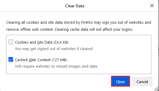 In the prompt window, uncheck the Cookies and Site Data box and ensure you check the Cached Web Content box