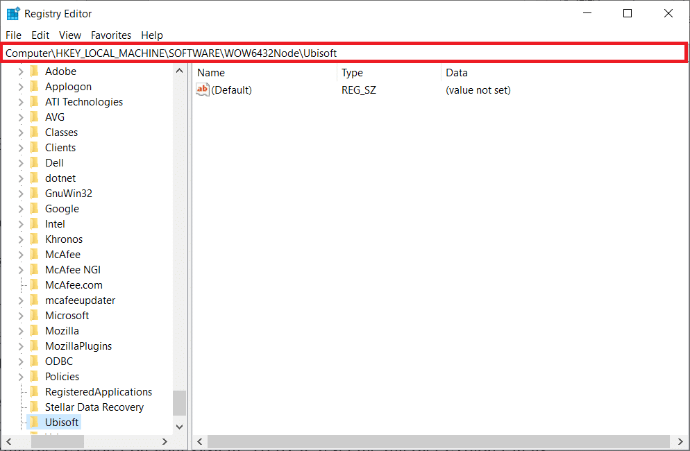 In the Registry Editor window, navigate to the following location