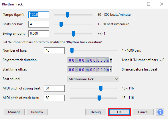 In the Rhythm track dialog box do not make any changes in default values and click OK to generate a Rhythm track