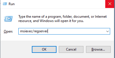 in the run dialog box type msiexec regserver