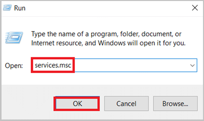 In the Run window, type services.msc and click on OK.