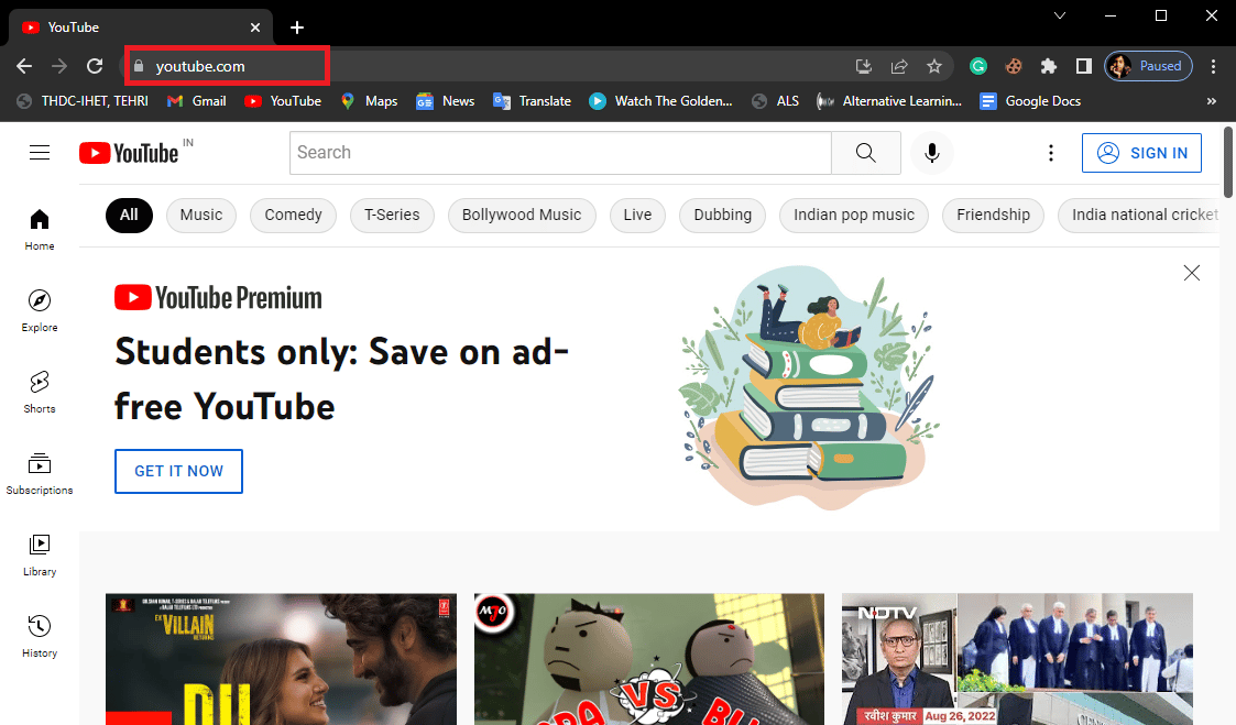 In the search bar again type www youtube com and press enter