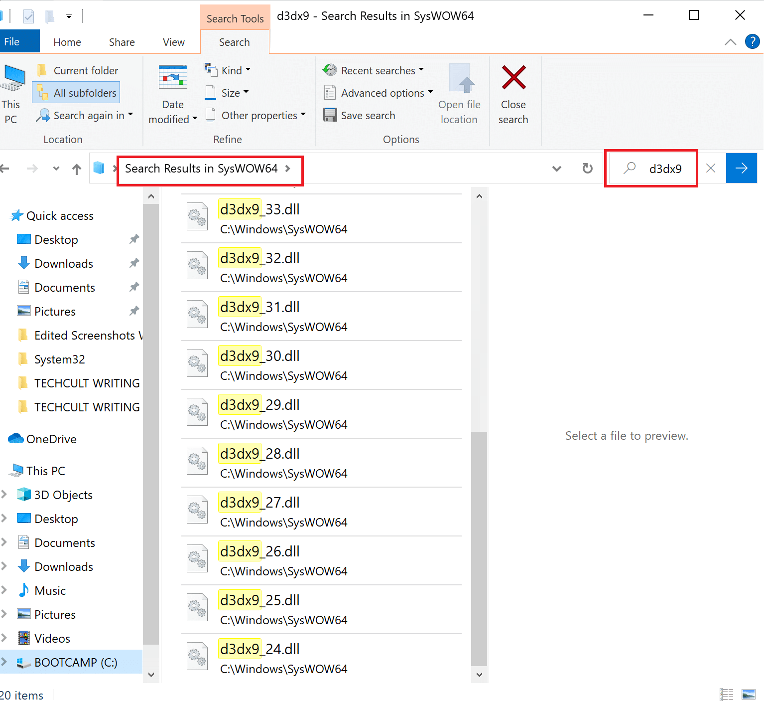 In the search bar in the top right corner of the window, search for the files | Fix 0xc00007b Error: The application was unable to start correctly