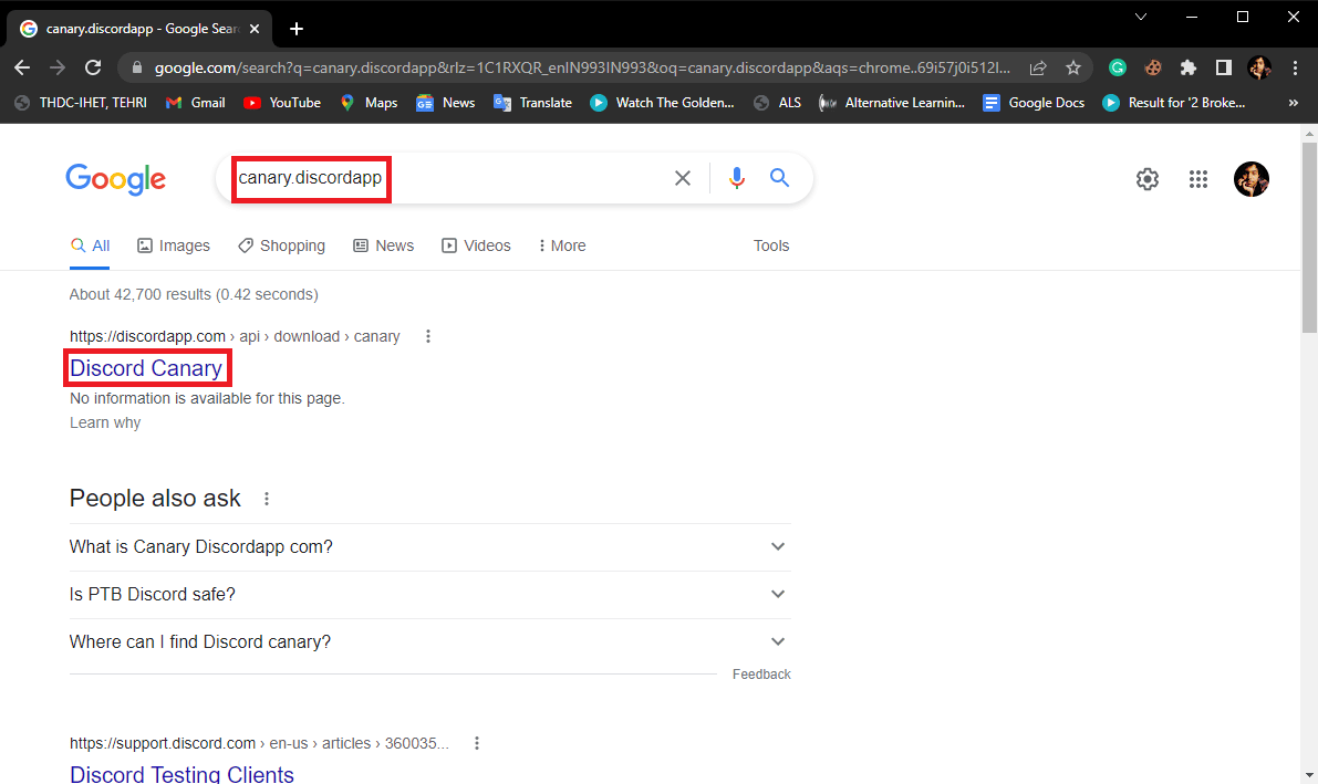 In the search bar type canary discordapp and press enter and click on the first search result to download and install Discord