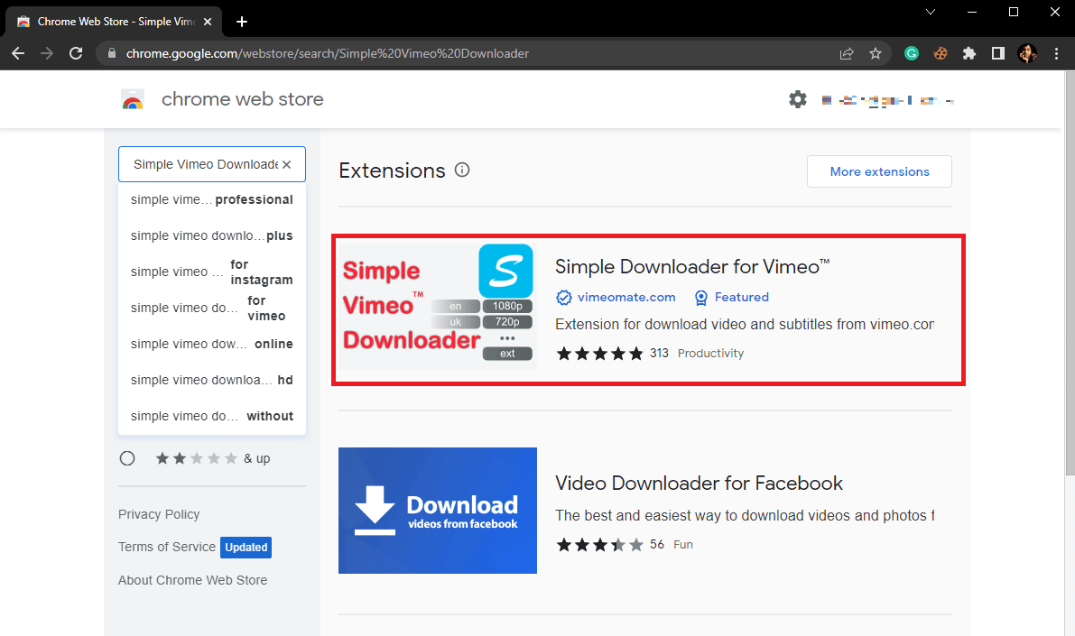 ရှာဖွေရေးအကွက်တွင် Simple Vimeo Downloader ဟုရိုက်ထည့်ပြီး Enter ခလုတ်ကိုနှိပ်ပါ။