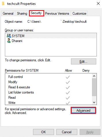 In the Security tab, click on the Advanced option