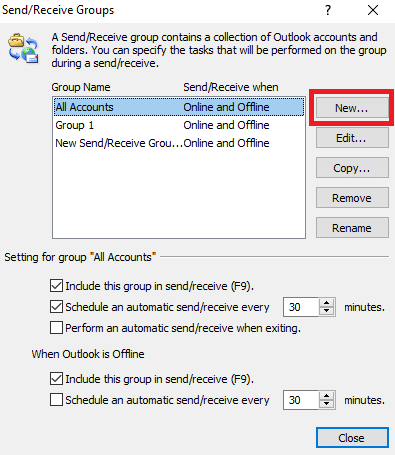 In the Send Receive Group dialog box click on the New button