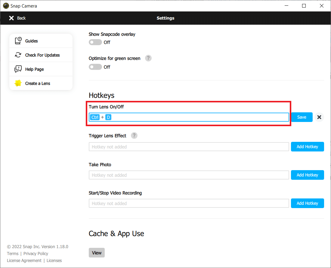In the Settings page, scroll down and save a hotkey under Turn Lens On Off